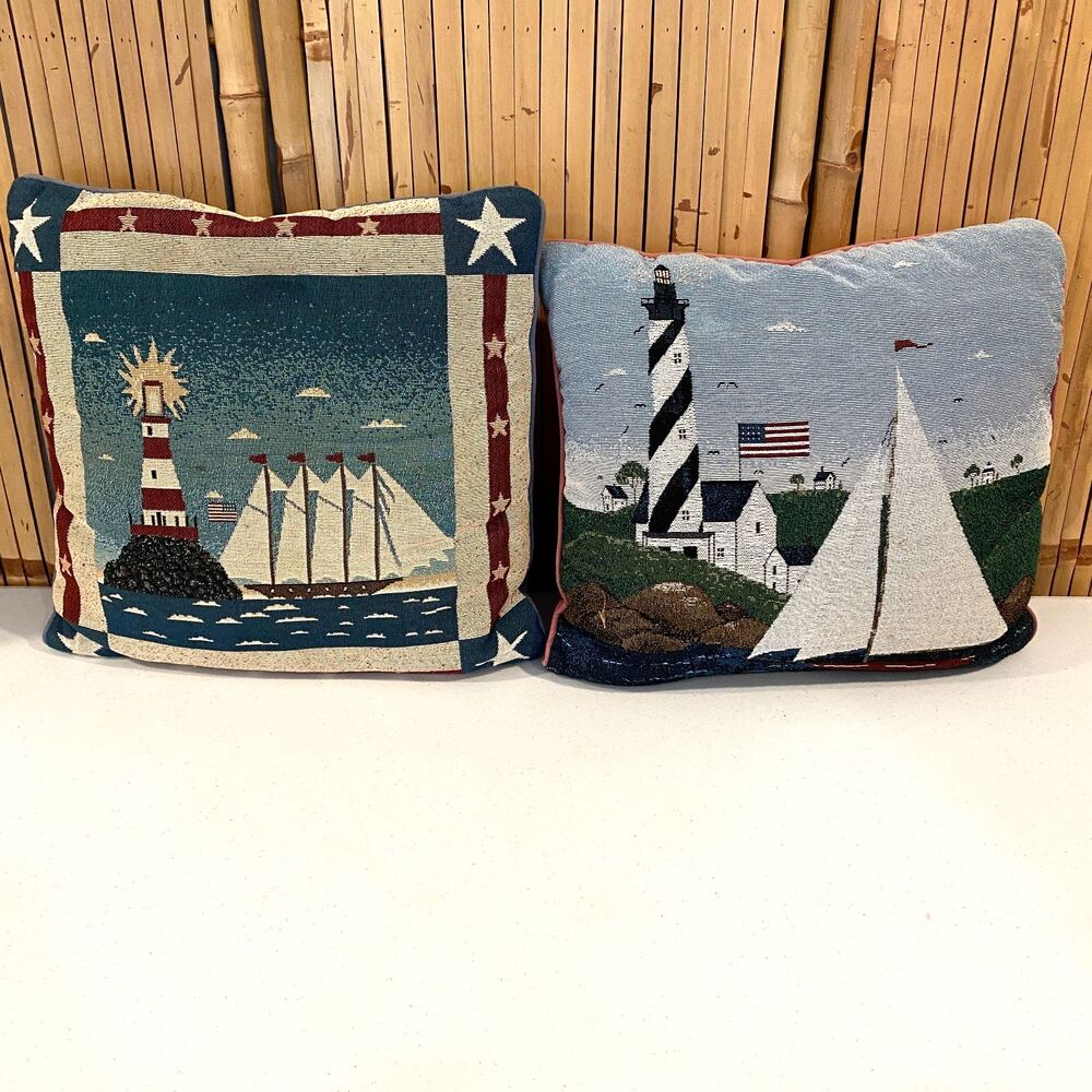 Warren Kimble Lighthouse Nautical Throw Pillow Set 15x15 Tapestry Coastal Decor